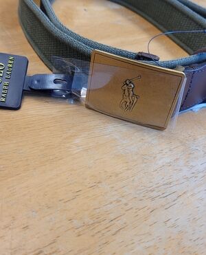 Polo Ralph Lauren Canvas Leather Belt Green Brown Brass Buckle Men's 32 New NwT